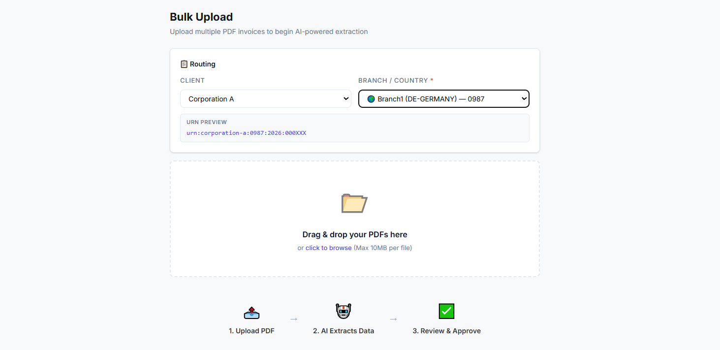 Invoice Intelligence bulk upload screen with client and branch routing