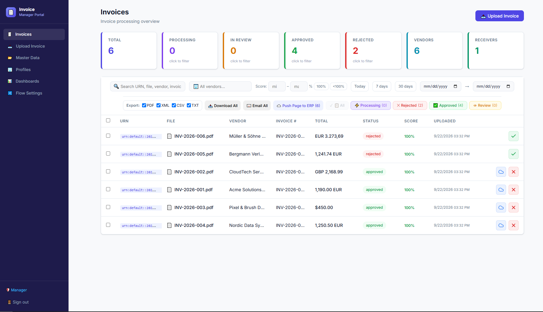 Invoice Intelligence invoice operations workspace with processing filters and approval statuses