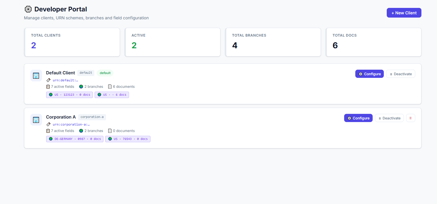 Invoice Intelligence developer portal showing client and branch configuration